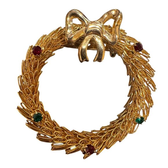 Vintage Gold Tone Wreath Brooch Bow Red Green Rhinestones Christmas Jewelry - Picture 12 of 12